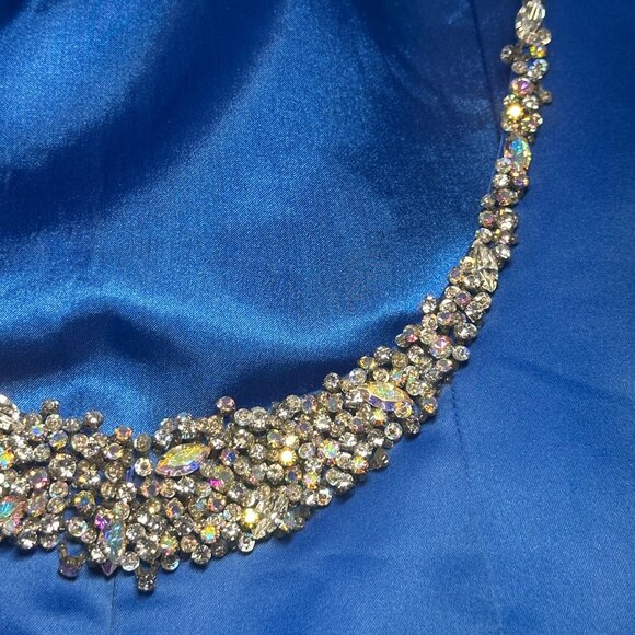 Jovani Blue Satin Sleeveless Rhinestone U Back Mermaid Trumpet Long Dress Sz 10 - Picture 7 of 15